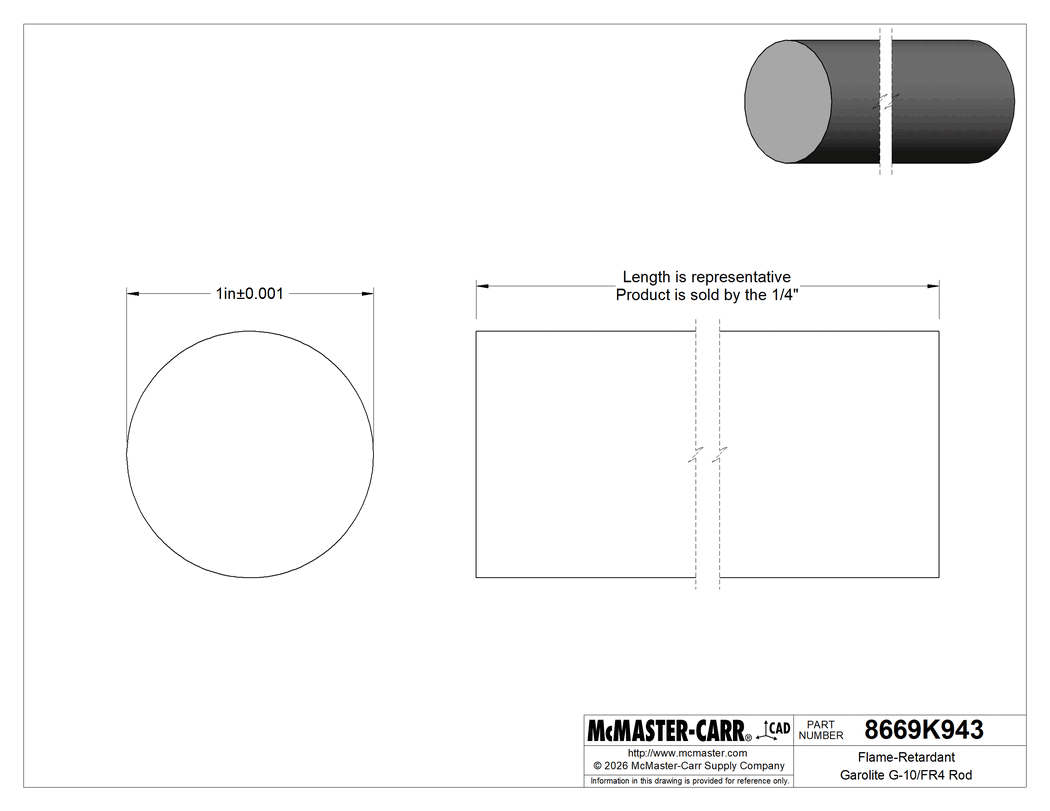 Technical Drawing of Flame-Retardant Garolite G-10/FR4 Rod, Green, 1" Diameter.